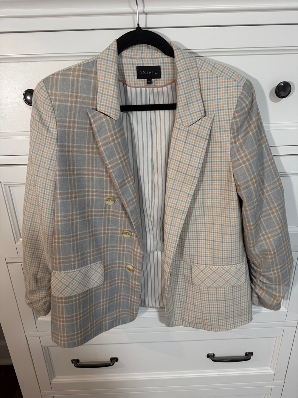 1. State Plaid Blazer in Beige and Light Blue